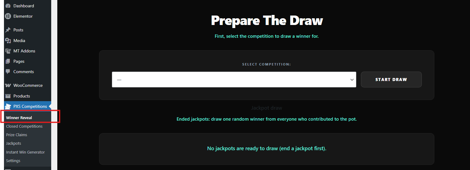 PXS Winner Reveal admin screen: competition picker and winning ticket entry