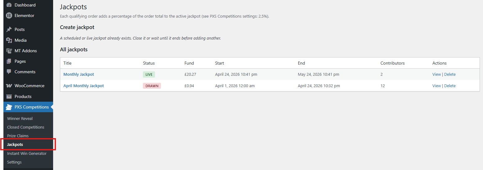 PXS Jackpots admin screen