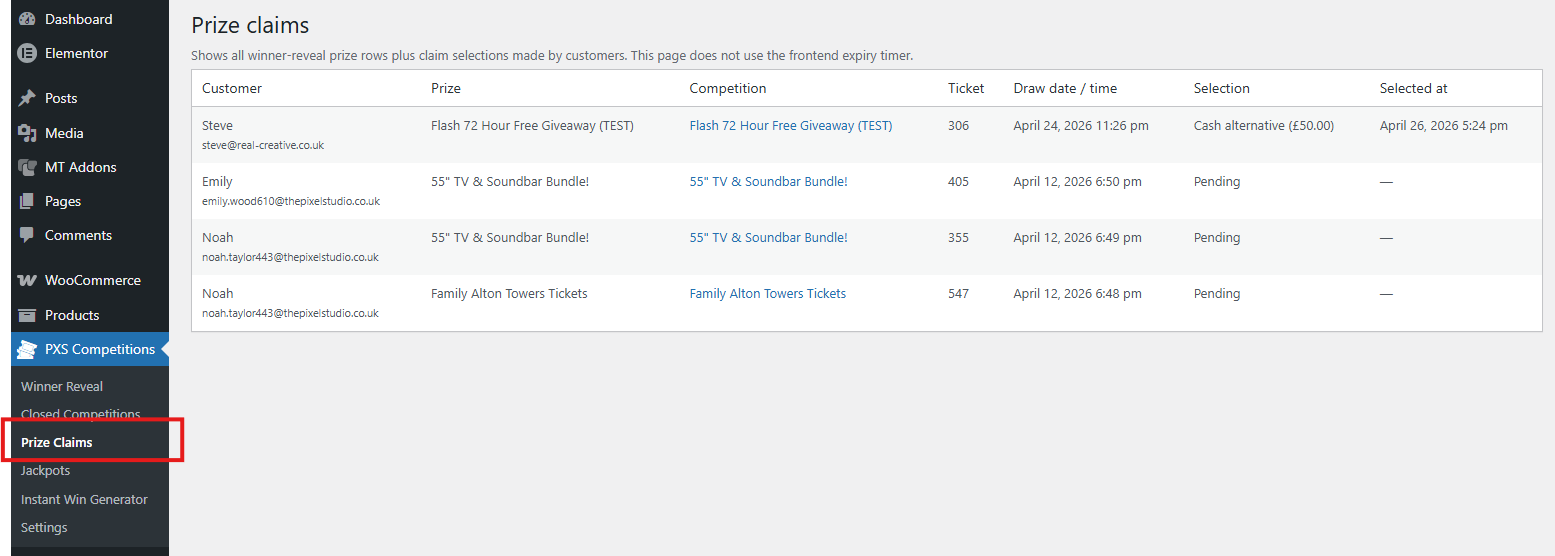 PXS Prize Claims admin list