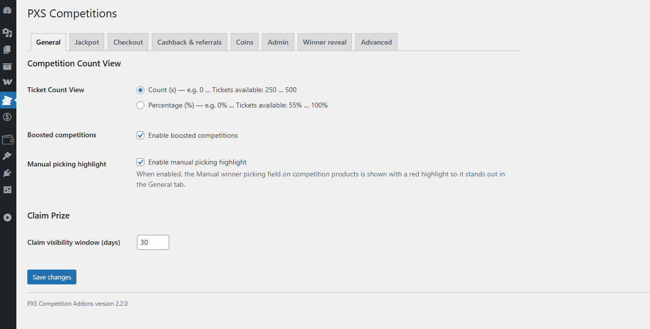 PXS Competitions Settings page upper section