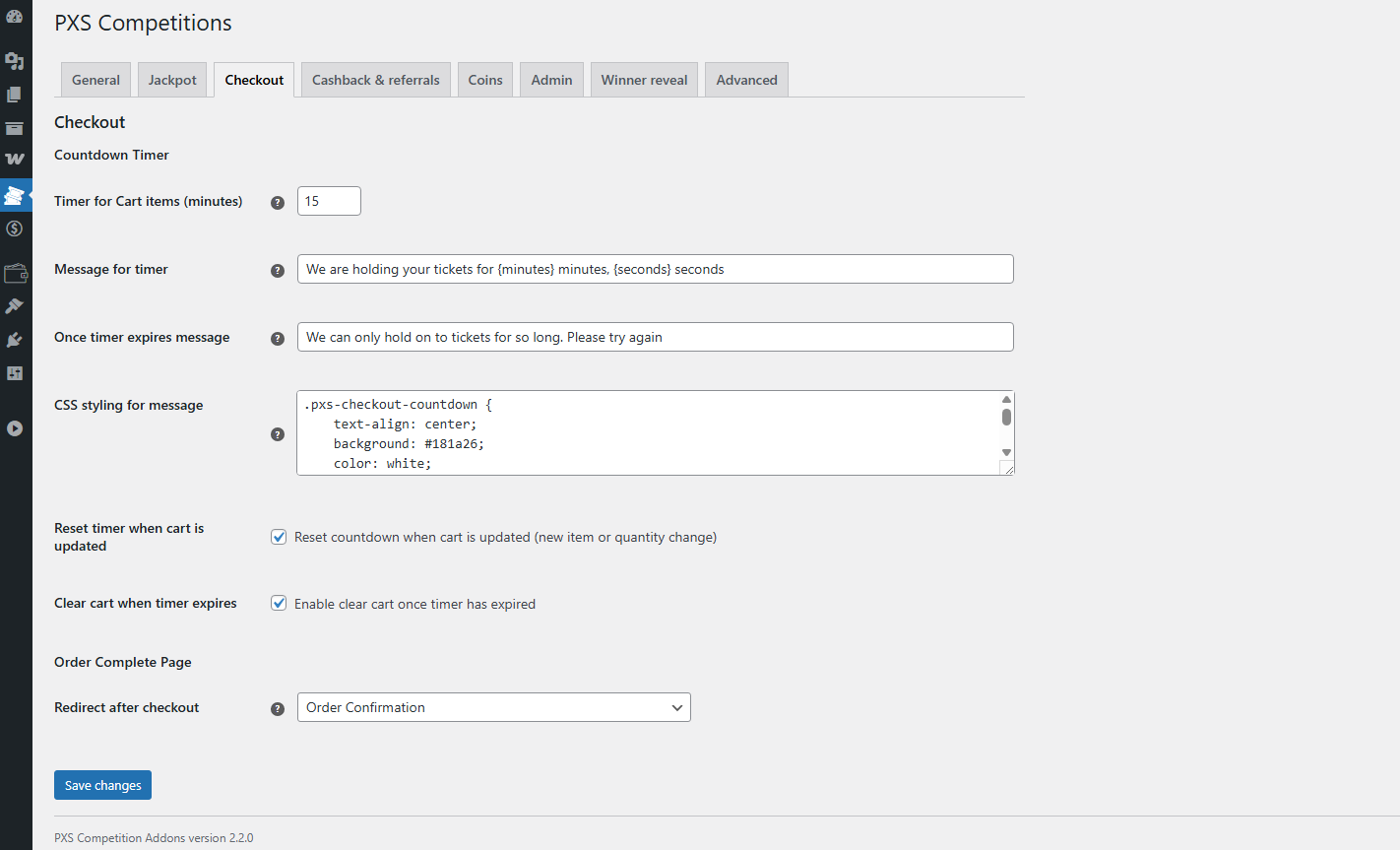 PXS checkout countdown timer settings