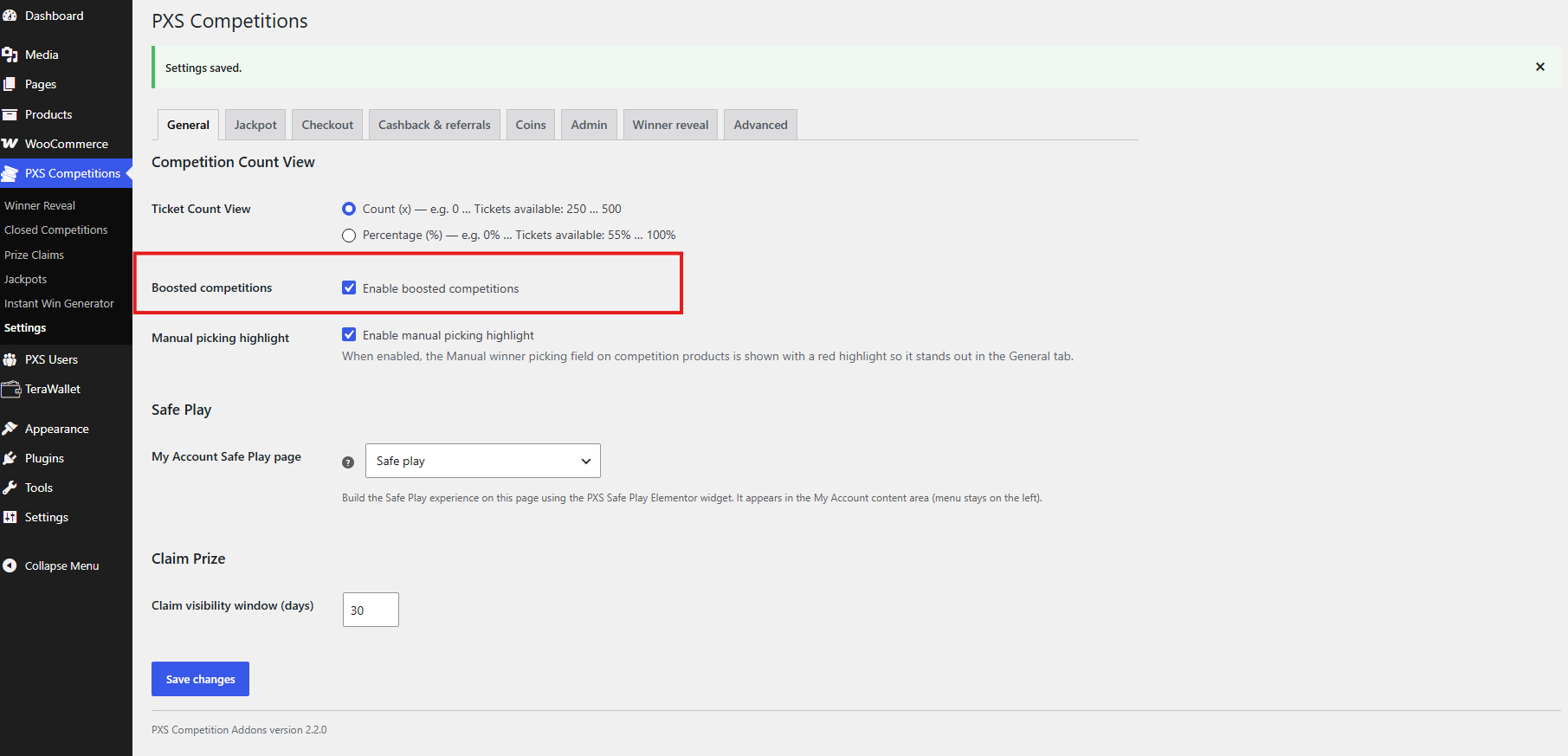 PXS Settings: Enable boosted competitions toggle