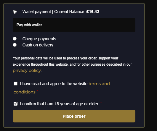 WooCommerce checkout showing 18+ age confirmation below terms checkbox