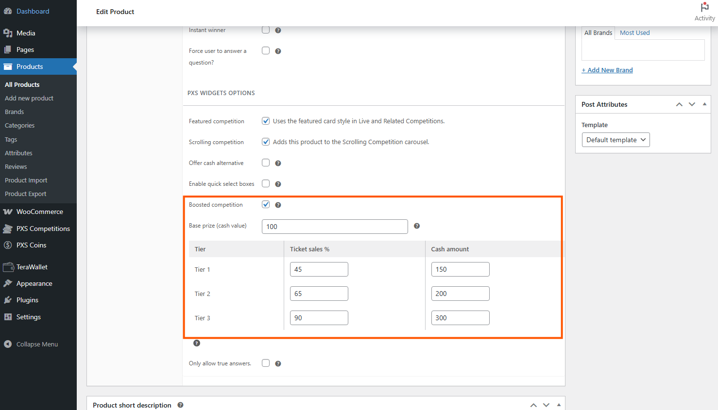 Competition product editor showing boosted competition base and tier fields