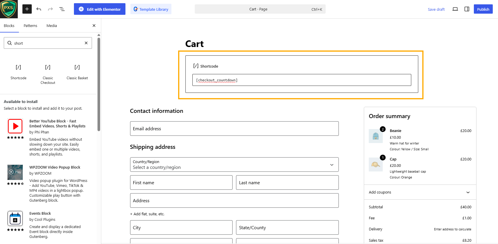 WordPress page editor showing a PXS shortcode block
