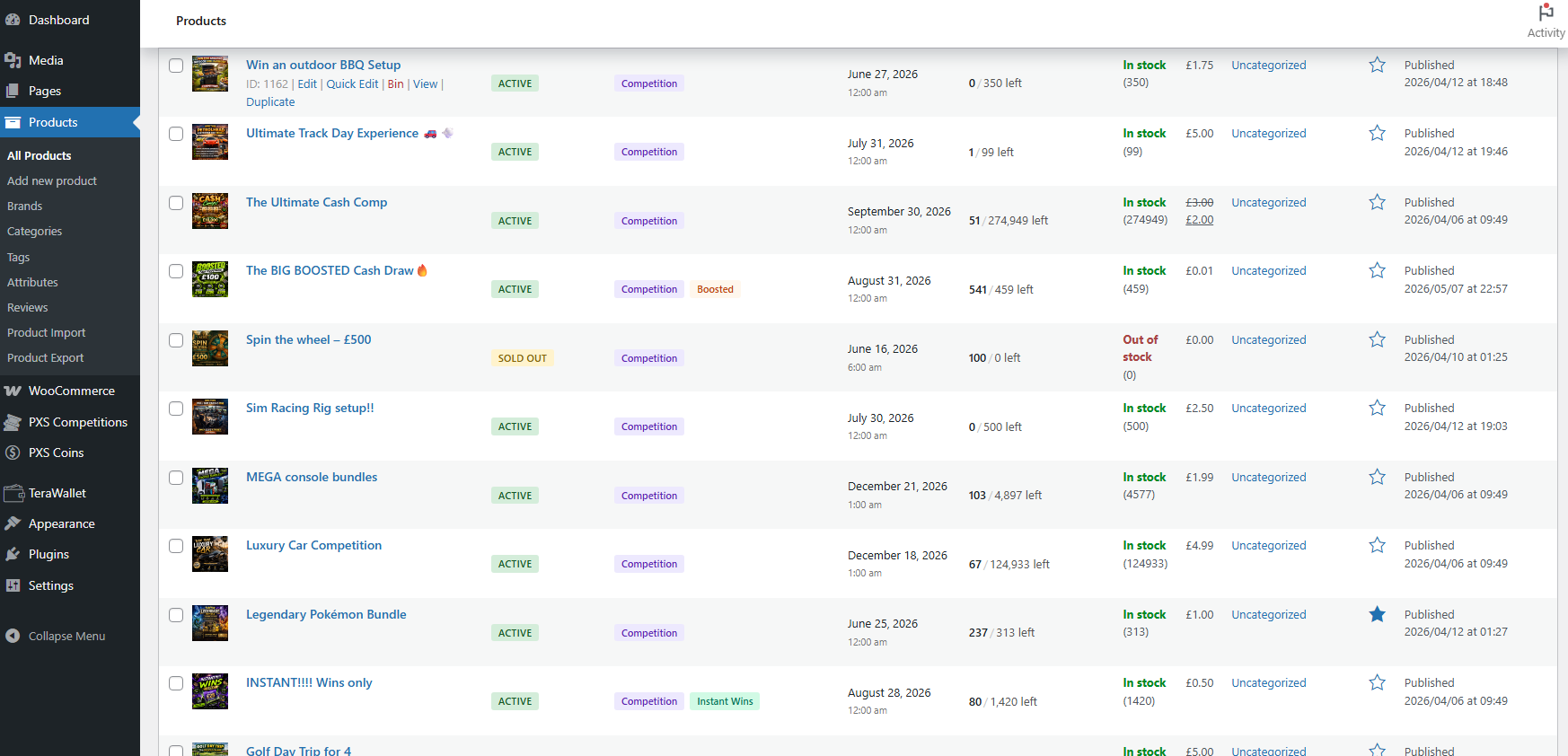 WooCommerce products list with competition status column