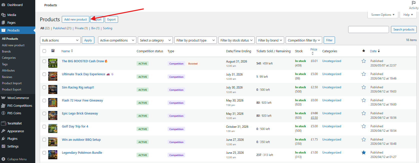 Adding a new competition product in WooCommerce