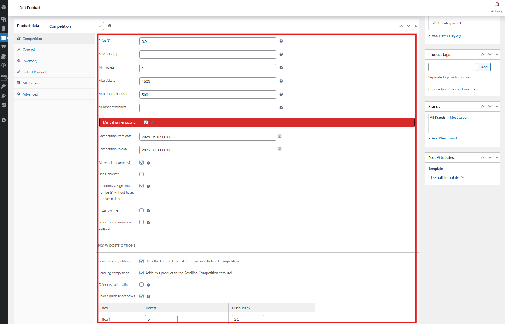 Competition product data panel overview