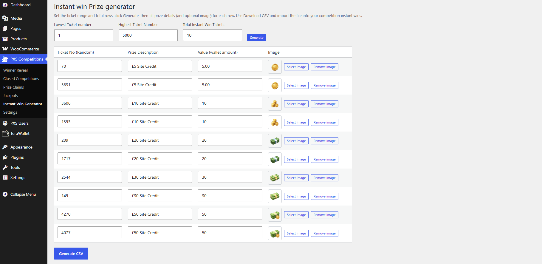 Instant win generator settings