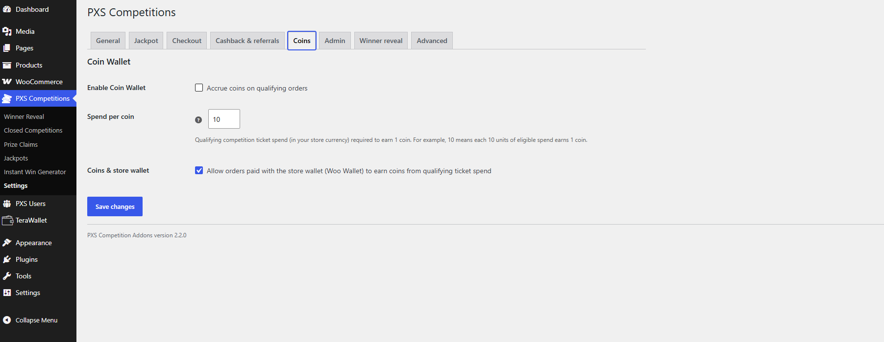 Coins settings tab