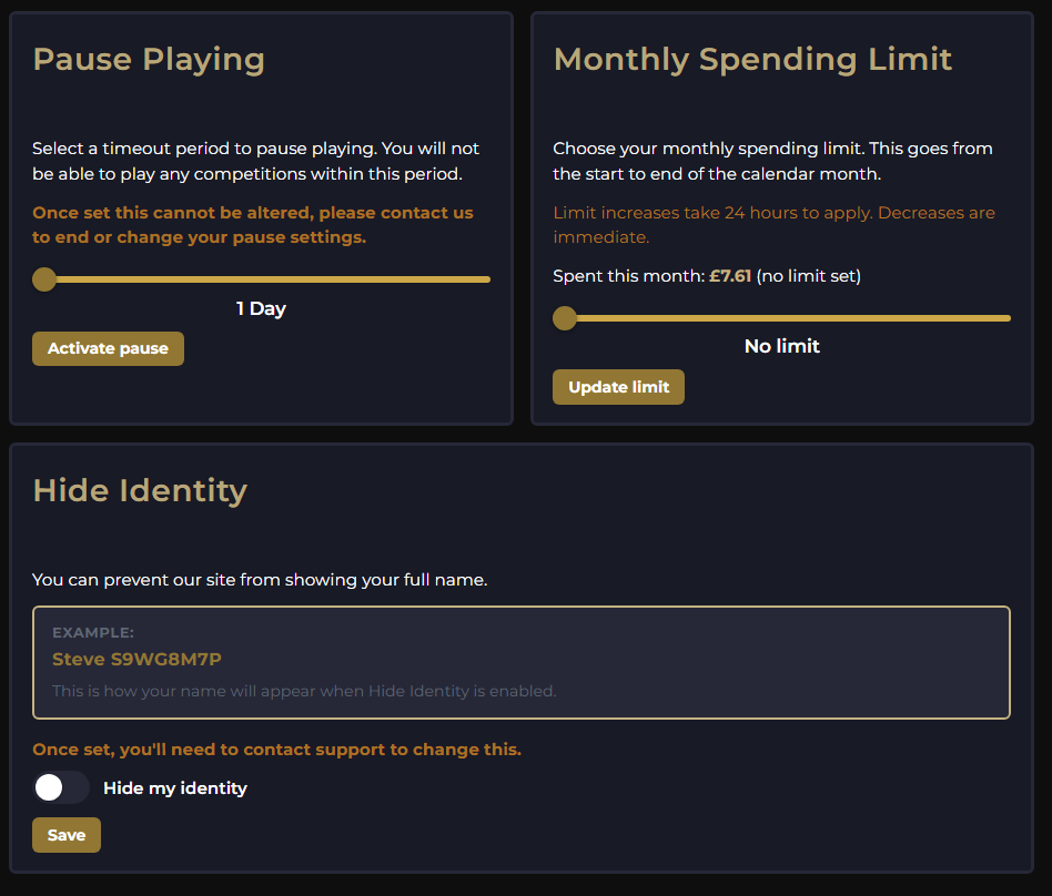 Safe Play customer page showing pause, limit, and hide identity sections