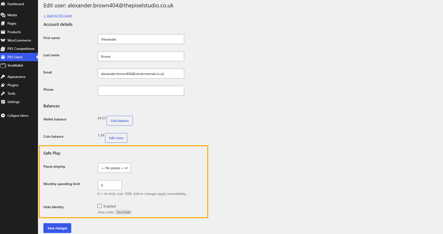 PXS Users edit screen with Safe Play fields